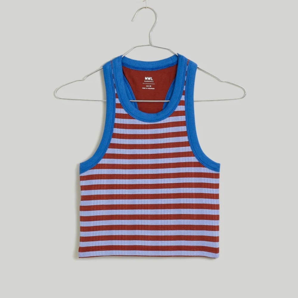 MADEWELL MWL striped ribbed blue burgundy crop tank with built in bra NWT xs 👽